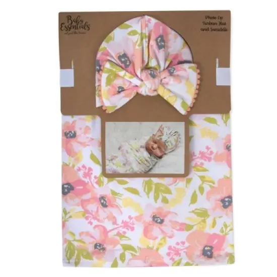 Baby Essentials Soft Floral Swaddle Blanket and Turban Set image {1}