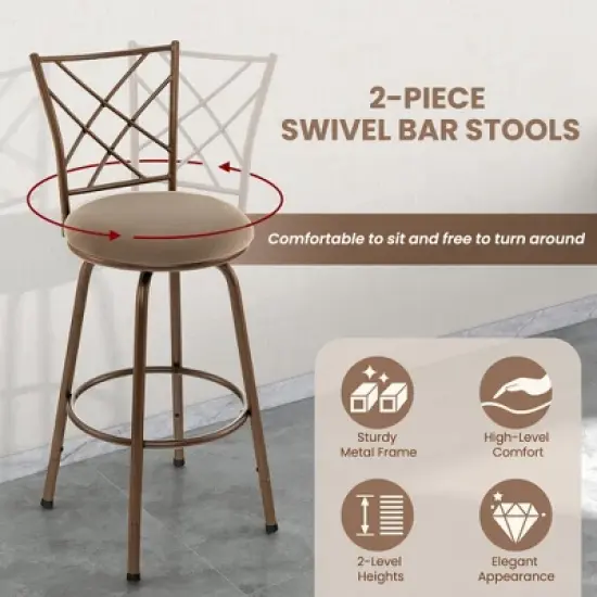 Costway Set of 2 24/30 Inch Adjustable Swivel Barstools Metal Dining Chairs Brown image {5}