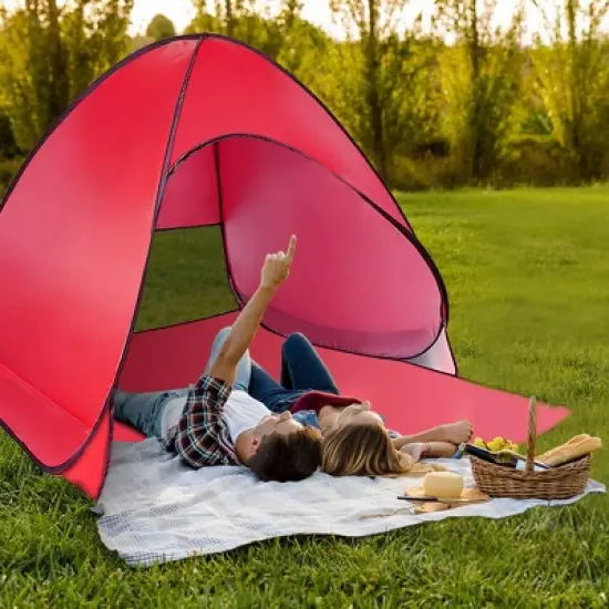 NAYSAYE Camping Tent 2-3 Person Pop Up Beach Tent with Net Window UV Protection Waterproof for Camping Outdoor Activities, Red image {1}