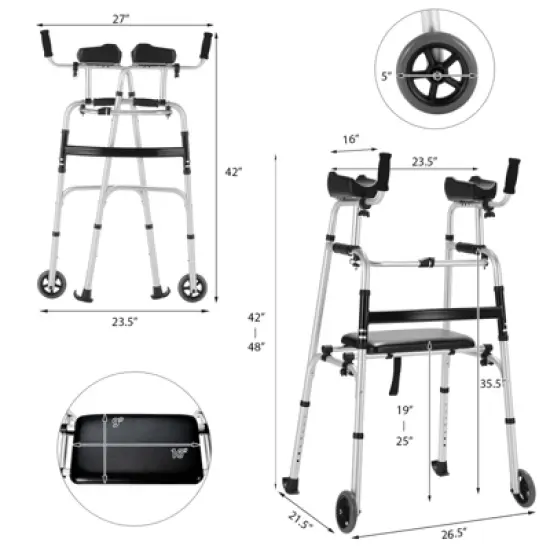 Costway Foldable Aluminum Alloy Walker Wheel Walking Frame with Seat & Armrest Pad image {2}