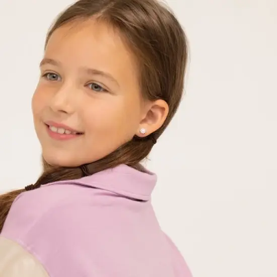 Girls' Pink & Clear Flower Screw Back Sterling Silver Earrings - In Season Jewelry image {1}