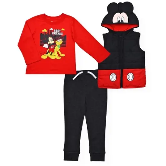 Disney Boy's 3-Pack Mickey Mouse Long Sleeve Graphic Tee, 3D Ear Hooded Vest and Drawstring Jogger Pant Set for toddler image {5}