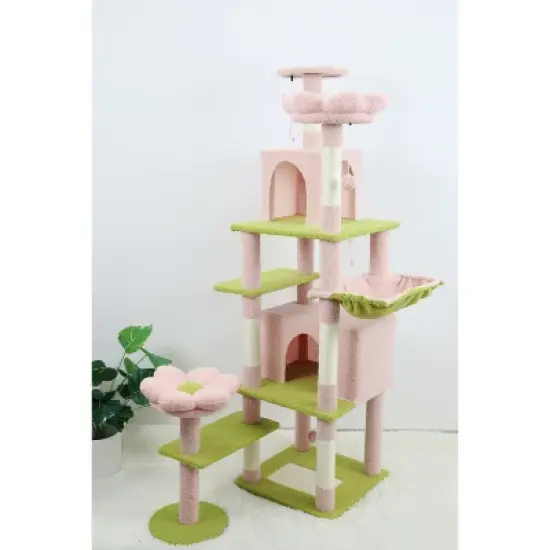 Racxily 71 inch Flower Cat Tree with Large Condo Removable Flower Cushion and Hammock image {8}