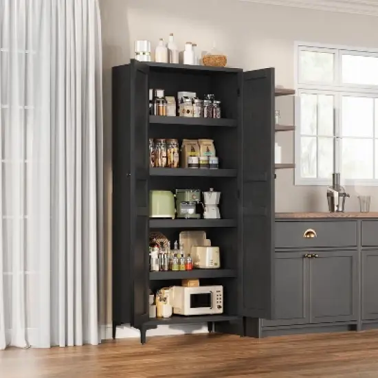 Coucheta Tall Kitchen Pantry Cabinet, 5 Tier Freestanding Cabinet with 2 Doors and Adjustable Shelves for Kitchen, Dining Room, Bathroom，black image {2}