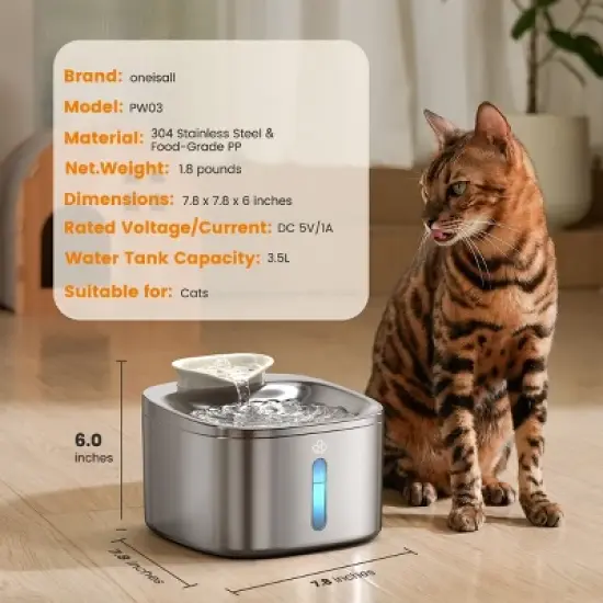 Oneisall PW03 Stainless Steel Cat Water Fountain &ndash; 3.5L/118oz, Quiet, Auto, w/11 Filters image {7}