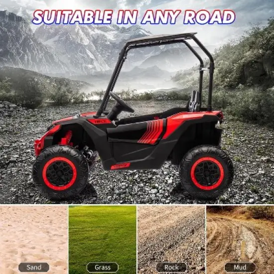 24V Ride On Utv for Kids, 2 Seater Electric Truck with Sun Shade,4WD Electric Car Toy with Remote Control, Led Lights, Music Player, Red image {4}