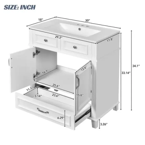 30 Inch Modern Single Sink Bathroom Vanity with 2 Doors & 2 Drawers, Quick Assembly, Solid Wood Construction image {4}