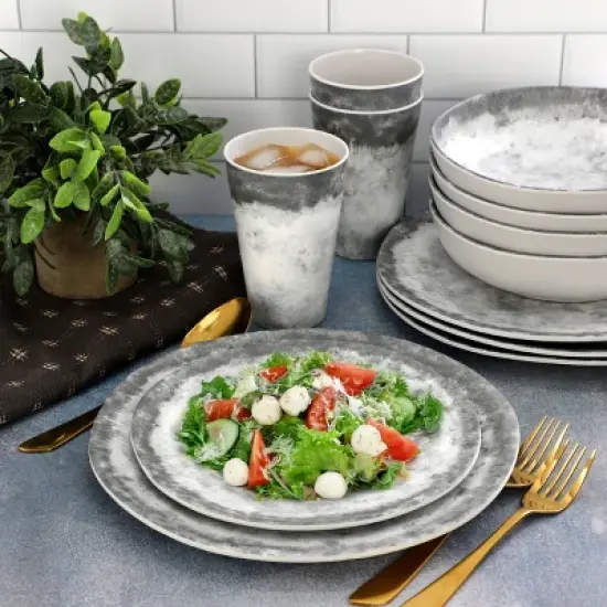 Gibson Elite Organic Decal 16 Piece Melamine Dinnerware Set in Gray image {7}