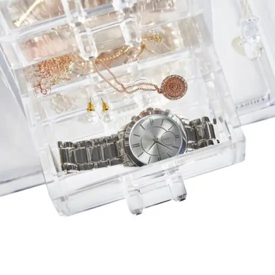 OnDisplay Clear Acrylic Jewelry Organizer Box with 6 Drawers and Side Hooks &ndash; Makeup, Necklace, and Accessory Storage for Dresser or Vanity image {5}