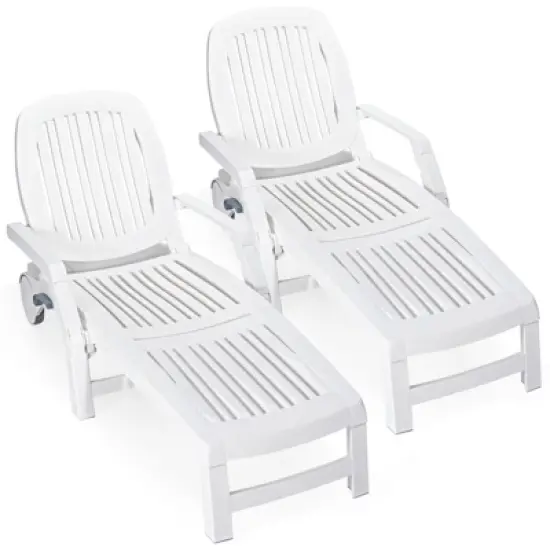 Tangkula 2 PCS Patio&nbsp;Lounge&nbsp;Chair&nbsp;Chaise&nbsp;Recliner&nbsp;Adjustable Backrest All Weather for Outdoor&Indoor Wheels White image {6}