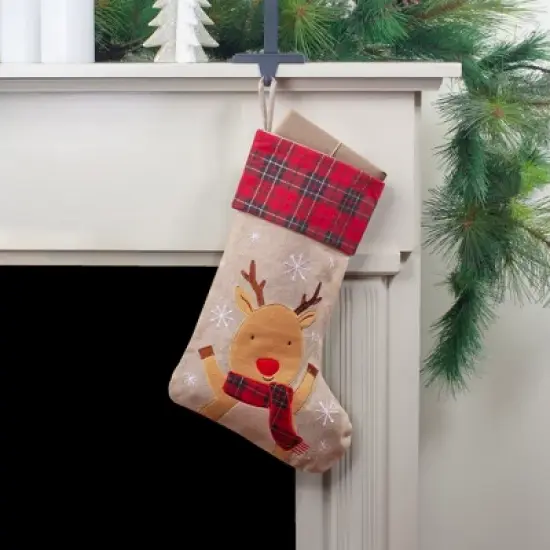 Northlight 19" Burlap Plaid Whimsical Reindeer Waiving Christmas Stocking image {1}