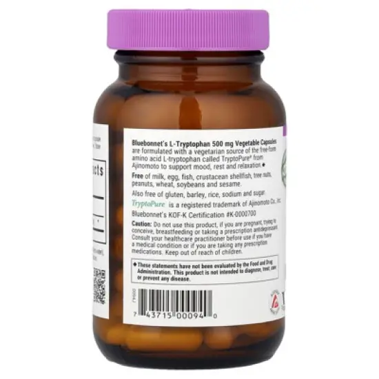 Bluebonnet Nutrition L-Tryptophan, 500 mg, 60 Vegetable Capsules image {2}