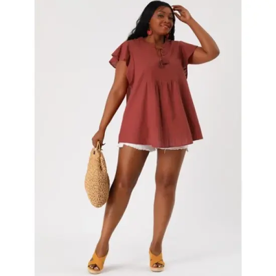 Agnes Orinda Women's Plus Size Flutter Sleeve Drawstring Flowy Summer Split V Neck Tunic Top image {2}