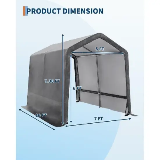 Acekool 7x10FT Outdoor Portable Storage Shed, Roll-Up Door, Heavy-Duty Waterproof PE Tarp, UV-Resistant Shelter for Garden, Tools, Motorcycles, Gray image {6}