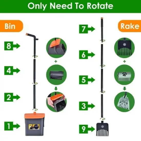 Pooper Scooper Kit Dog Poop Rake & Swiveling Bin Poop Heavy Duty Pick Up Tool with Extra Long Handle 35 Waste Bags Dispenser image {3}