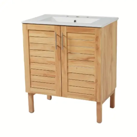 Christopher Knight Home Ramona 30" Mid-Century Modern Bathroom Vanity with Ceramic Sink, Antique Natural image {5}
