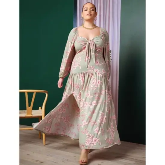 ELOQUII Women&rsquo;s Plus Size Tie Front Maxi Dress image {3}