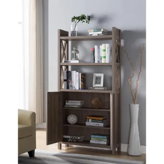 FC Design Wooden Display Bookshelf with Three Top Shelves and Storage Cabinet with Three Interior Shelves in Dark Taupe Finish image {2}
