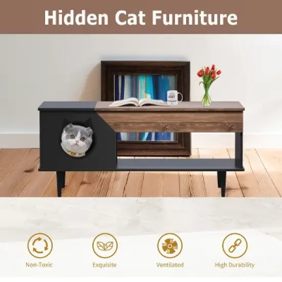 45'' Coffee Table Hidden Cat Litter Box Enclosure Kitty Litter Box Furniture with Storage Drawer and Metal Legs, Cat House for Living Room image {5}