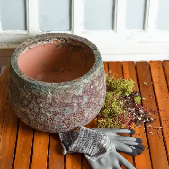 Sunnydaze Round Lava Finish Ceramic Planter - Green Distressed Ceramic - 14" Round image {1}