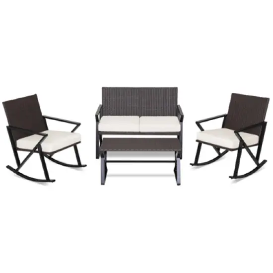 Tangkula Set of 4 Patio Rattan Wicker Rocking Chairs Loveseat Table Rocker Set Patio image {4}