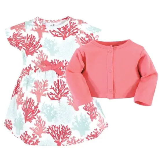 Touched by Nature Girls Infant, Toddler, and Kids Organic Cotton Dress and Cardigan, Coral Reef image {2}