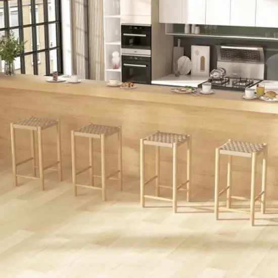 Costway 26'' Dining Bar Stool Set of 2/4 Counter Height with Rubber Wood Woven Saddle Seat image {1}
