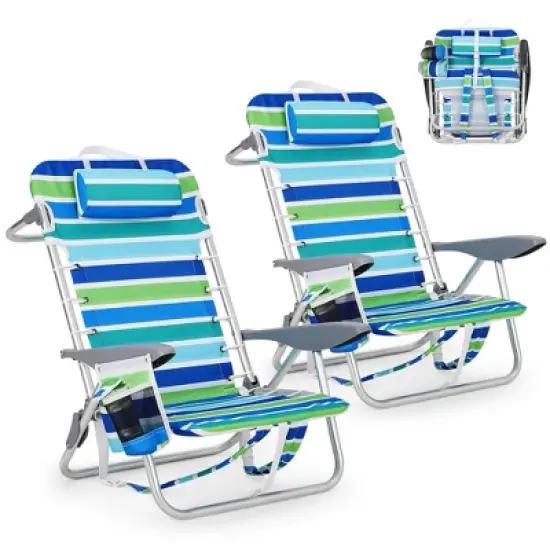 Backpack Beach Chair for Adults 2 PCS, Lightweight Portable Lay Flat Folding Beach Chair with 5 Reclining Positions, Backpack Straps, Phone Pocket image {8}