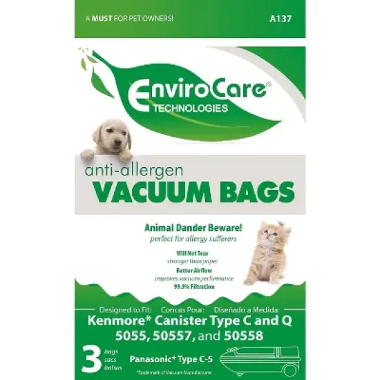 EnviroCare Replacement Allergen Filtration Bags Designed to fit Kenmore Canister Type C/Q, 50555, 50558, 50557 and Panasonic Type C-5 3 pack image {1}