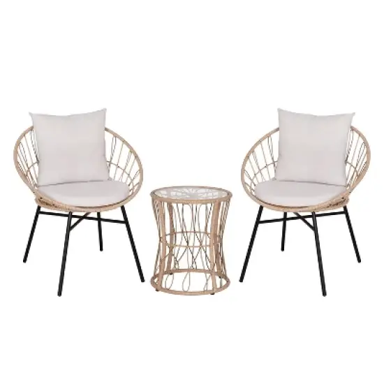 Merrick Lane 3 Piece Patio Set with Rope Rattan Chairs, Matching Glass Top Side Table and Cushions for Indoor/Outdoor Use image {15}