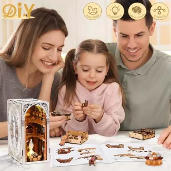 Aoibox Book Nook Kit DIY Miniature Wooden House Puzzle Public Library Bookshelf Decoration with LED Light Dust Cover Craft Gift for Teens Women image {5}
