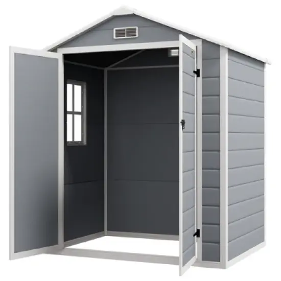 Outsunny Outdoor Storage Shed, 72" x 52.75" Garden Shed with Double Lockable Doors, Vent and Window, Plastic Utility Tool Shed, Gray image {3}