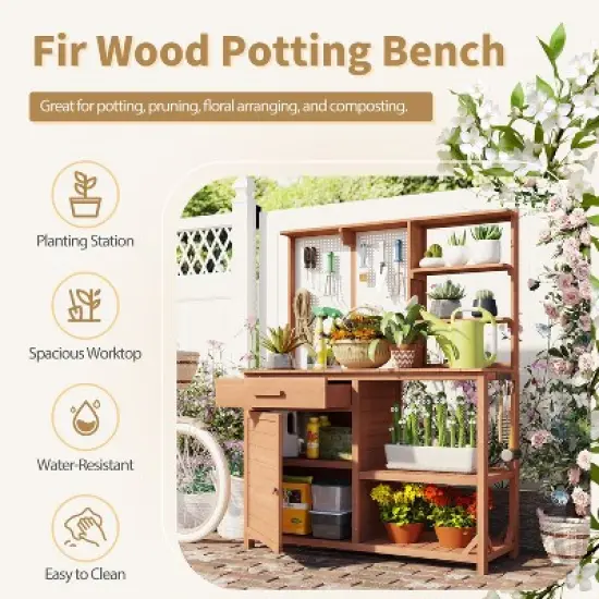 Garden Potting Bench Table Outdoor Patio Workstation with Drawer, Shelves, Cabinet, Pegboard with Hooks, Fir Wood Frame,Natural/White/Brown-ModernLuxe image {1}