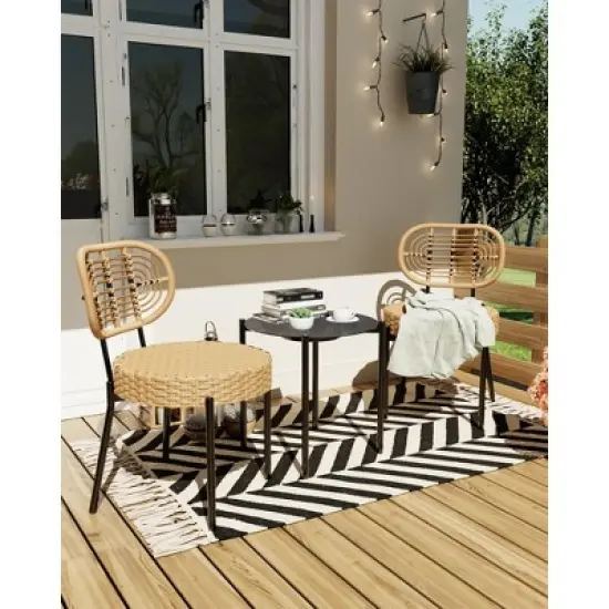 3 Pieces Patio Set Outdoor Wicker Bistro Set All-Weather Rattan Deck Conversation Set of 3 with Table & Cushions for Deck Patio Balcony Backyard image {5}