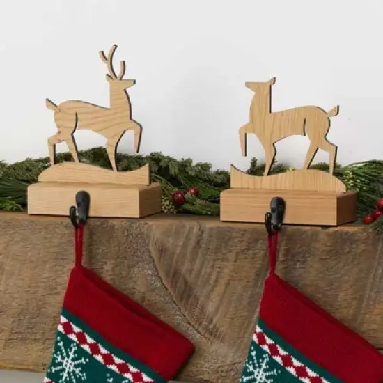 Deer (Set of 2) Cherry Wood Stocking Hanger | MerryStockings image {1}