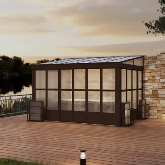 Mondawe 10x12FT Lean to Sunroom Wall Mounted Solarium with Sloping Polycarbonate Roof, Detachable Screens and 2 Lockable Sliding Doors image {2}
