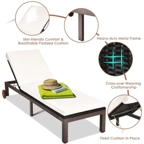 Tangkula Patio Adjustable Rattan Recliner Chaise Lounge Chair w/ Cushion Wheels image {5}