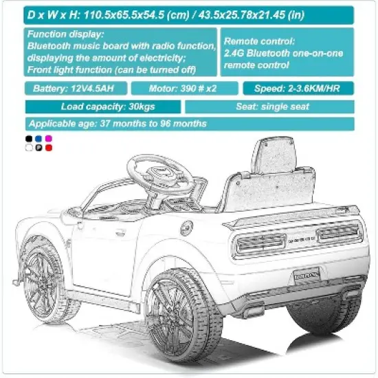 Kids Electric Car | Licensed Dodge Challenger Ride-On 12V Battery-Powered Vehicle with Remote, LED Lights, Bluetooth, MP3 for Boys and Girls image {4}