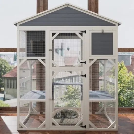 71" Wooden Outdoor Catio,Large Cat Enclosure with Waterproof Roof,3 Platforms And 2 Cozy Napping Houses-Maison Boucle image {7}