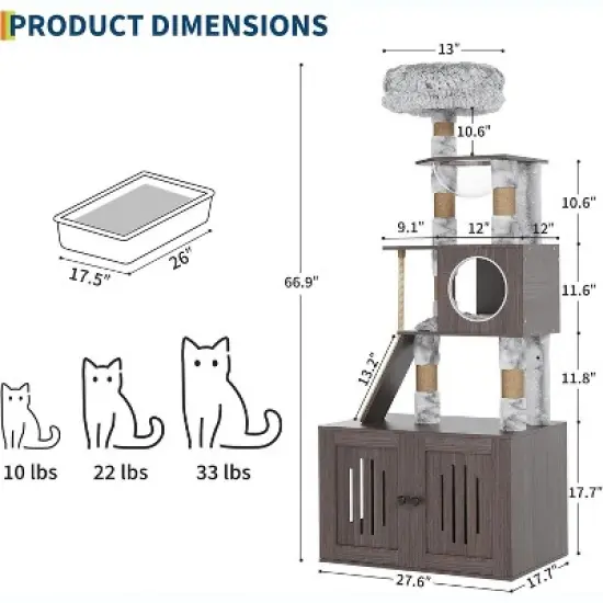 Cat Tree with Litter Box Enclosure 66.9", 2-in-1 Multi-Level Cat Condo Tower for Indoor Cats, Scratching Posts, Perch, Caves, Space-Saving Cat House image {6}