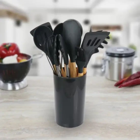 MegaChef 12 Piece Black Silicone and Wood Cooking Utensils Set image {2}