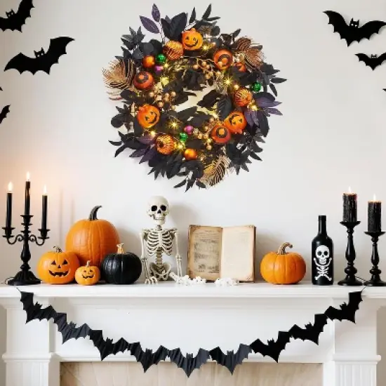 Halloween Wreath for Front Door, 20 Inch Pumpkin Wreaths with 20 LED Lights Ball Ornaments Berries, Pre Lit Halloween Decorations for Indoor Outdoor image {1}