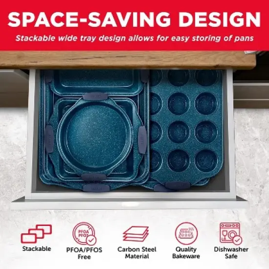 BAKKEN Kitchen Baking Pan Set - Nonstick Coating, Carbon Steel Bakeware Sets with Blue Silicone Handles, Oven Safe Tray (Up To 450&deg; F), Set of 10 image {2}
