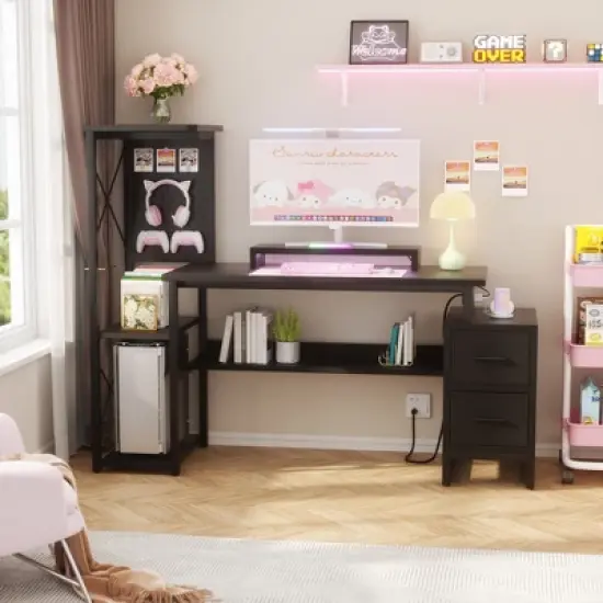 Ahealpus Computer Desk with Power Outlets and Fabric Drawers image {8}