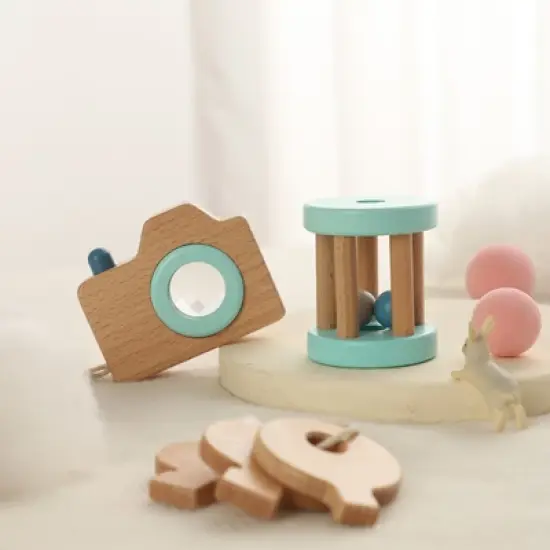 Freniland&trade; - 3 PCs Wooden Baby Rattle Toy Set for 10 Months+, Beech Wood Teether & Pretend Camera Toy, Safe & Educational Gift Set (Mint Green) image {2}