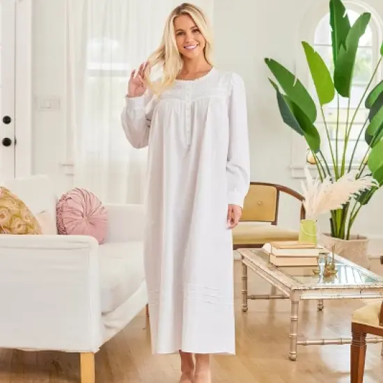 Women's Cotton Victorian Nightgown with Pockets, Emily Long Sleeve Lace Trimmed Button Up Long Vintage Night Dress Gown image {1}