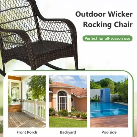 Tangkula Patio Wicker Rocking Chair w/ White Seat Cushions & Lumbar Pillow Porch image {3}