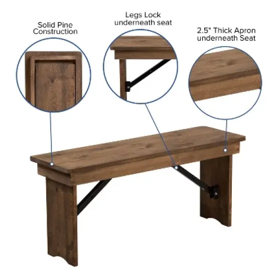 Merrick Lane Antique Solid Pine Folding Farmhouse Style Bench image {7}