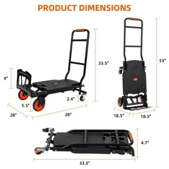 Folding Heavy Duty Hand Truck 330LB, Convertible 2-Wheel/4-Wheel Dolly Cart with Retractable Handle, Portable Moving Cart, Aluminum Alloy image {1}
