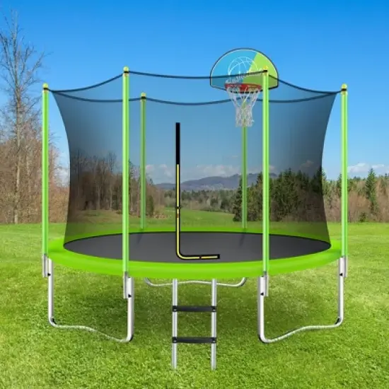Whisen 8FT Round Trampoline for Kids, Safety Net, Basketball Hoop & Ladder, Easy Assembly Outdoor Play image {1}
